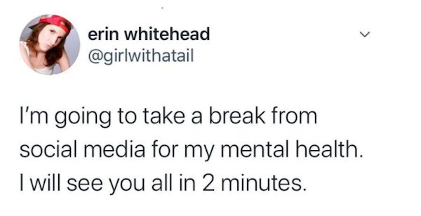 who you are is just as important - > erin whitehead I'm going to take a break from social media for my mental health. I will see you all in 2 minutes.