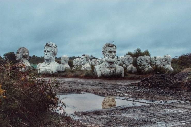 abandoned presidents heads in a rural virginia field