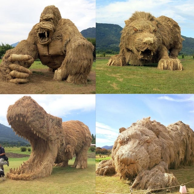 celebrate the rice harvest artists in northern japan create giant animal sculptures from leftover rice straw
