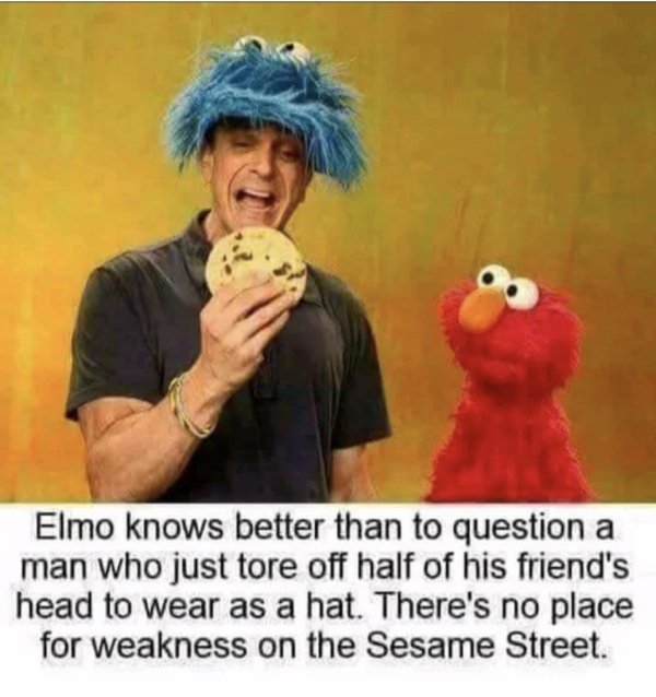 dark sesame street memes - Elmo knows better than to question a man who just tore off half of his friend's head to wear as a hat. There's no place for weakness on the Sesame Street.