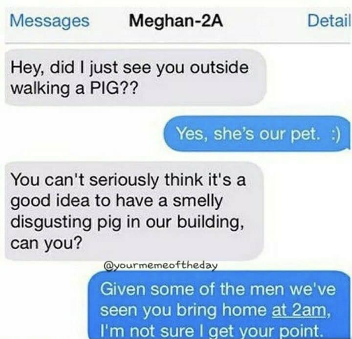 funny texts - Messages Meghan2A Detail Hey, did I just see you outside walking a Pig?? Yes, she's our pet. You can't seriously think it's a good idea to have a smelly disgusting pig in our building, can you? Given some of the men we've seen you bring home