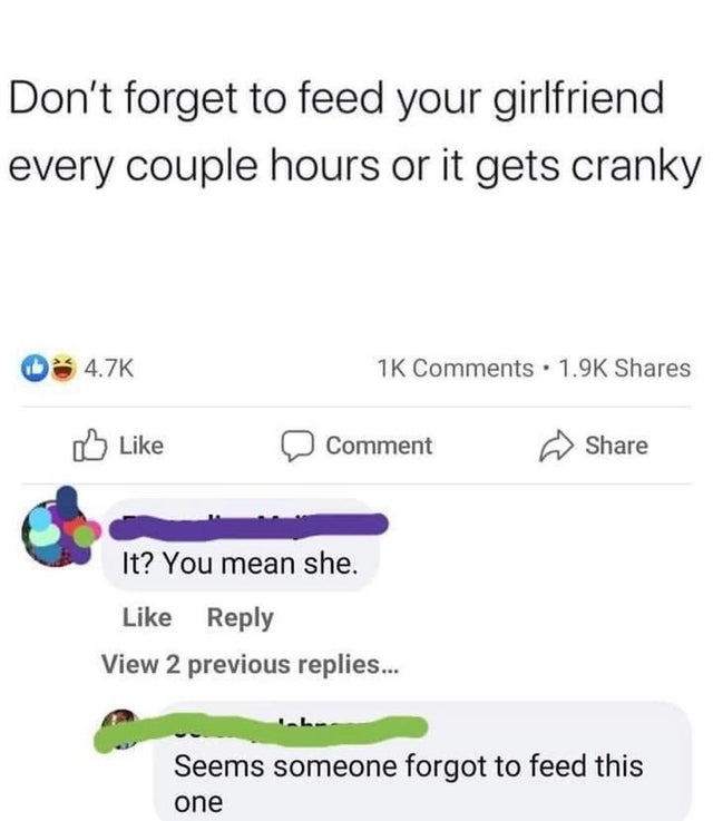 funny mean comments - Don't forget to feed your girlfriend every couple hours or it gets cranky 1K Comment It? You mean she. View 2 previous replies... Seems someone forgot to feed this one