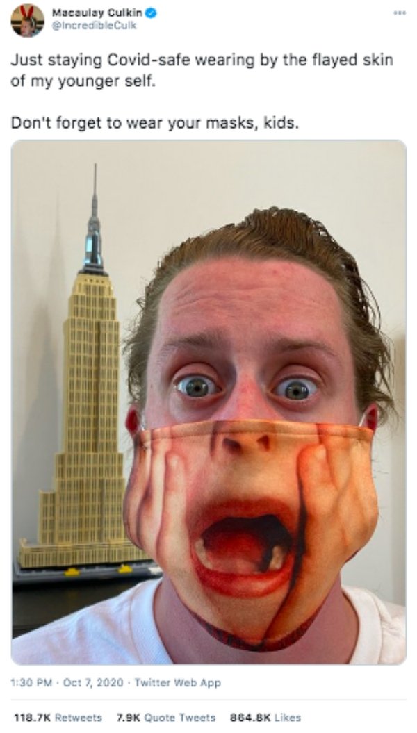 macaulay culkin home alone mask - Macaulay Culkin IncredibleCulk Just staying Covidsafe wearing by the flayed skin of my younger self. Don't forget to wear your masks, kids. . Twitter Web App Quote Tweets 864.Bk