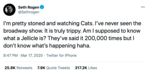 paper - Seth Rogen I'm pretty stoned and watching Cats. I've never seen the broadway show. It is truly trippy. Am I supposed to know what a Jellicle is? They've said it 200,000 times but I don't know what's happening haha. Twitter for iPhone Quote Tweets