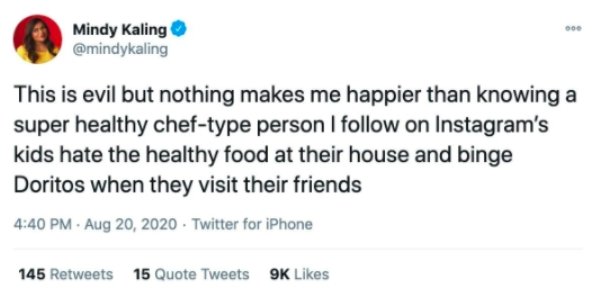 trump change vote tweet - Mindy Kaling This is evil but nothing makes me happier than knowing a super healthy cheftype person I on Instagram's kids hate the healthy food at their house and binge Doritos when they visit their friends Twitter for iPhone 145
