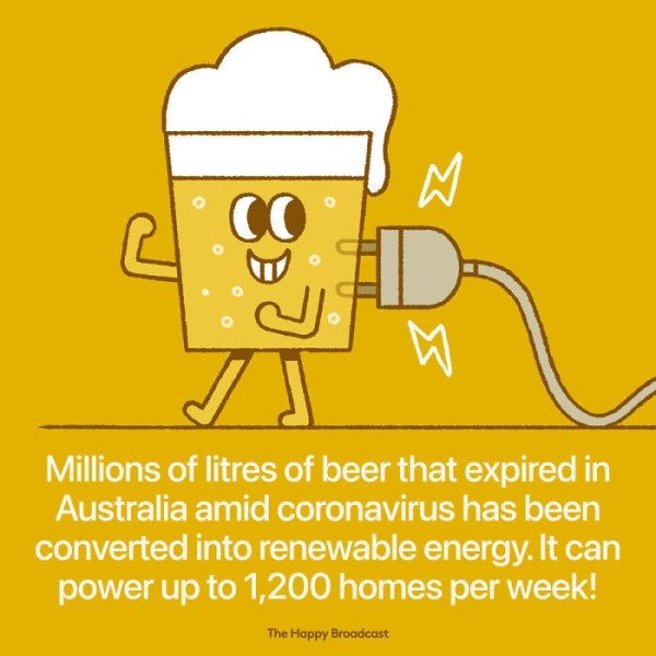 happy broadcast - Z Co D M Millions of litres of beer that expired in Australia amid coronavirus has been converted into renewable energy. It can power up to 1,200 homes per week! The Happy Broadcast