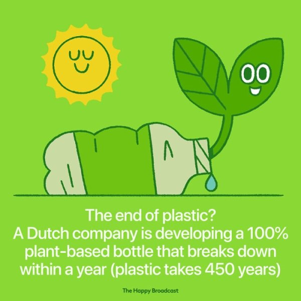 leaf - 32 00 The end of plastic? A Dutch company is developing a 100% plantbased bottle that breaks down within a year plastic takes 450 years The Happy Broadcast