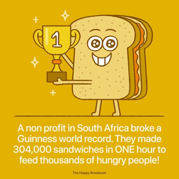 happy facts 2020 - 1 A non profit in South Africa broke a Guinness world record. They made 304,000 sandwiches in One hour to feed thousands of hungry people! The Happy Broadcast