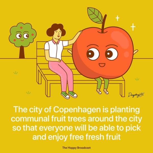 cartoon - Dingeengte The city of Copenhagen is planting communal fruit trees around the city so that everyone will be able to pick and enjoy free fresh fruit The Happy Broadcast