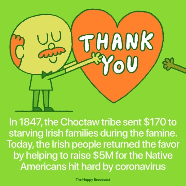 human behavior - Uu Thank Byou In 1847, the Choctaw tribe sent $170 to starving Irish families during the famine. Today, the Irish people returned the favor by helping to raise $5M for the Native Americans hit hard by coronavirus The Happy Broadcast