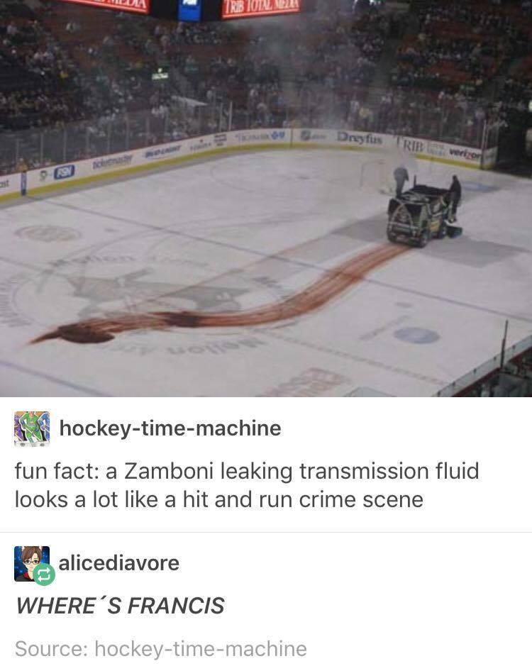 funny pictures - fun fact a Zamboni leaking transmission fluid looks a lot a hit and run crime scene - Where'S Francis