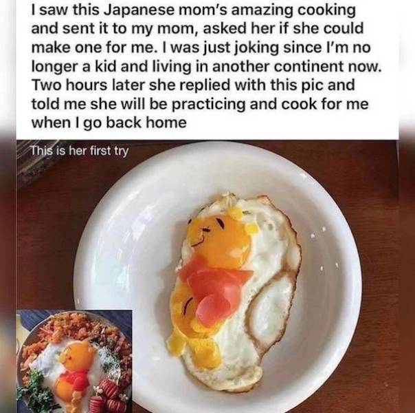 wholesome pics - winnie the pooh egg first try - I saw this Japanese mom's amazing cooking and sent it to my mom, asked her if she could make one for me. I was just joking since I'm no longer a kid and living in another continent now. Two hours later she 
