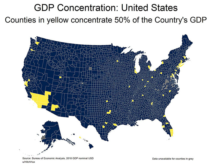 electoral college - Gdp Concentration United States Counties in yellow concentrate 50% of the Country's Gdp Source Bureau of Economic Analysis, 2018 Gdp nominal Usd u HitchHux Data unavailable for counties in grey