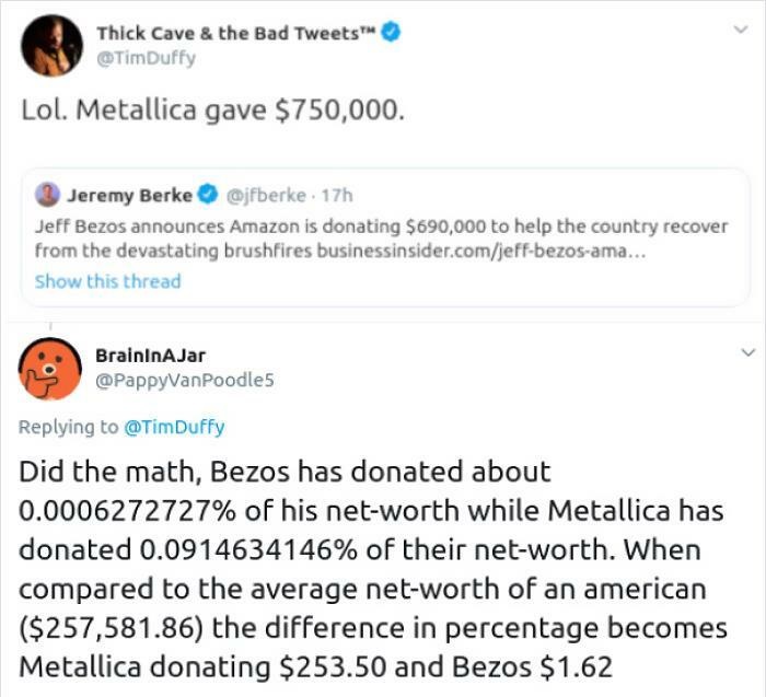 funny math jokes - Metallica gave $750,000. - Jeff Bezos announces Amazon is donating $690,000 to help the country recover from the devastating brushfires