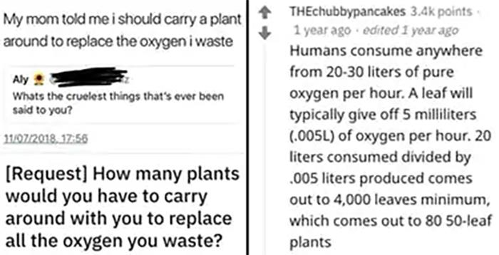 funny math jokes - My mom told me i should carry a plant around to replace the oxygen i waste Aly Whats the cruelest things that's ever been said to you? THEchubbypancakes points 1 year ago . edited 1 year ago Humans consume anywhere from 2030 liters of p