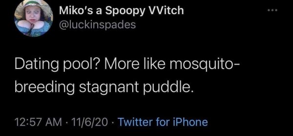 can t believe i let you breathe - Miko's a Spoopy VVitch Dating pool? More mosquito breeding stagnant puddle. 11620 Twitter for iPhone