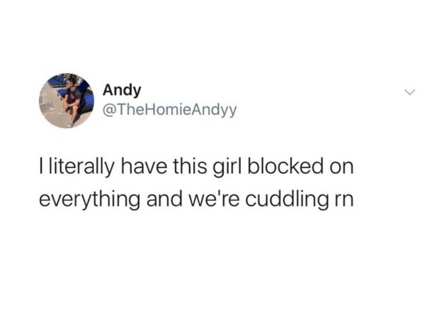 relatable desi quotes - Andy I literally have this girl blocked on everything and we're cuddling rn