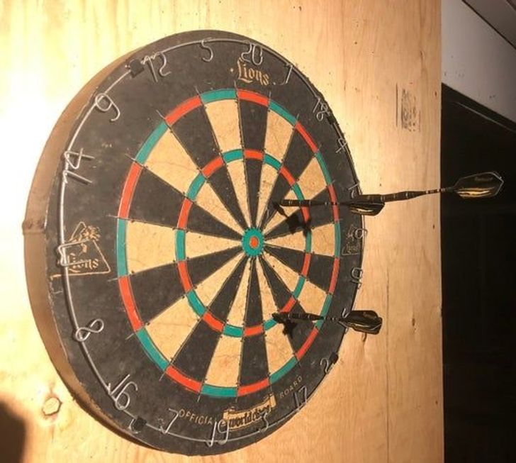 “I accidentally landed a dart in another dart while playing darts with my darts on a dartboard.”