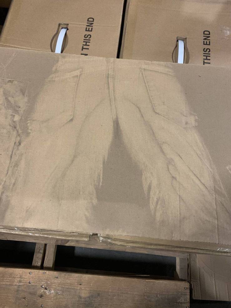 “The outline of my jeans in a dusty piece of cardboard I sat on.”