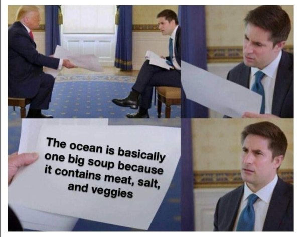 technically correct - trump paper meme template - The ocean is basically one big soup because it contains meat, salt, and veggies