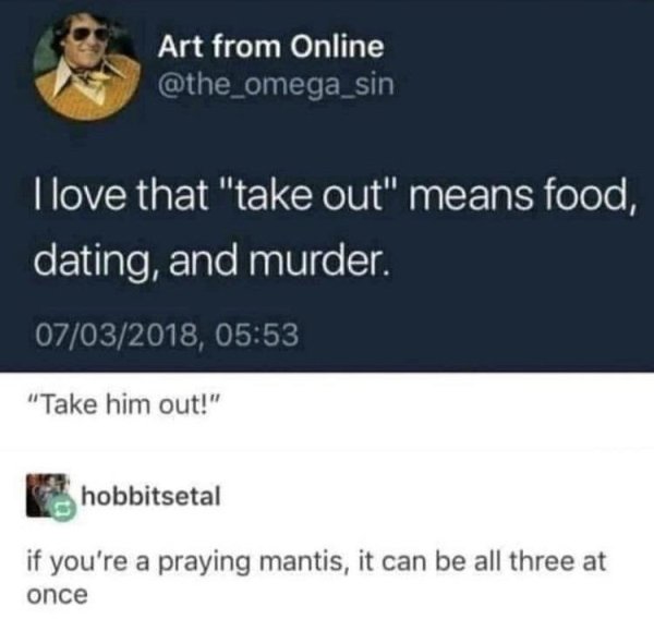 technically correct - 2007 tumblr memes - Art from Online I love that "take out" means food, dating, and murder. 07032018, "Take him out!" hobbitsetal if you're a praying mantis, it can be all three at once