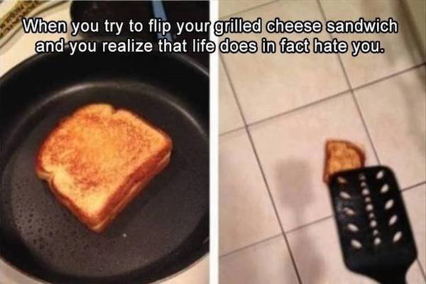 funny depressions memes and jokes - When you try to flip your grilled cheese sandwich and you realize that life does in fact hate you.