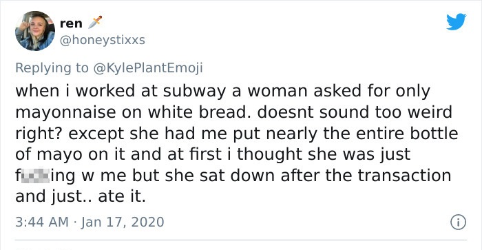 colin kaepernick iran tweet - ren when i worked at subway a woman asked for only mayonnaise on white bread, doesnt sound too weird right? except she had me put nearly the entire bottle of mayo on it and at first i thought she was just fucking w me but she