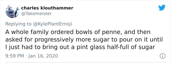 howie mandel kidnapped - charles klouthammer A whole family ordered bowls of penne, and then asked for progressively more sugar to pour on it until I just had to bring out a pint glass halffull of sugar