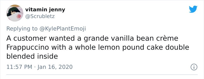 donald trump tweets on november 6 2020 - vitamin jenny A customer wanted a grande vanilla bean crme Frappuccino with a whole lemon pound cake double blended inside