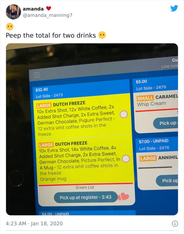 online advertising - amanda 7 Peep the total for two drinks cu Live now Iii $5.00 Lot Side 2475 $32.40 Lot Side 2473 Small Caramel Whip Cream Large Dutch Freeze 10x Extra Shot, 12x White Coffee, 2x Added Shot Charge, 2x Extra Sweet, German Chocolate, Pict