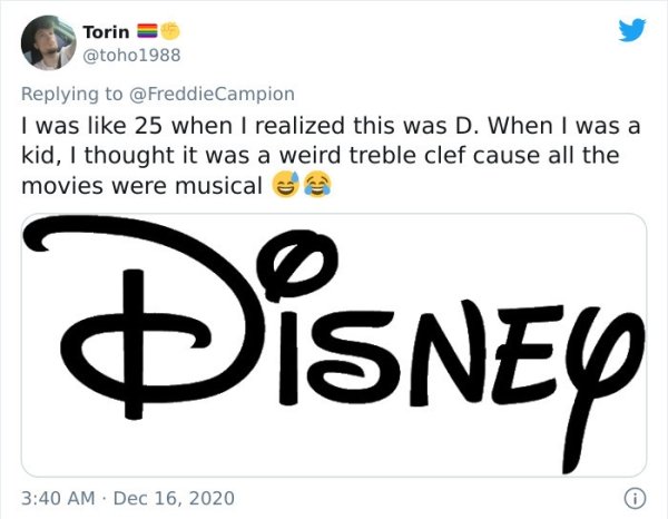 number - Torin Campion I was 25 when I realized this was D. When I was a kid, I thought it was a weird treble clef cause all the movies were musical Disney .