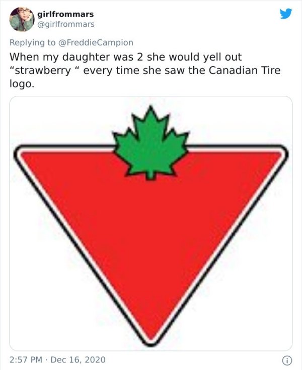 canadian tire logo - girlfrommars When my daughter was 2 she would yell out strawberry every time she saw the Canadian Tire logo.