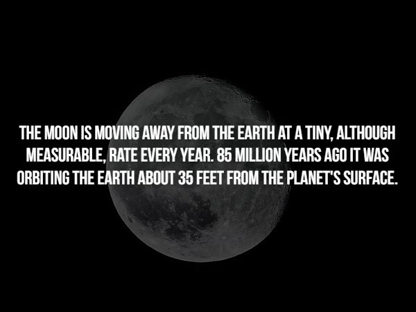 moon - The Moon Is Moving Away From The Earth At A Tiny, Although Measurable, Rate Every Year. 85 Million Years Ago It Was Orbiting The Earth About 35 Feet From The Planet'S Surface.