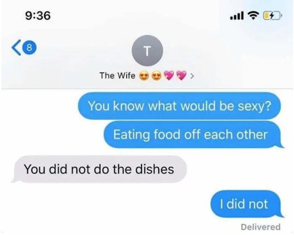 dumb text messages - The Wife You know what would be sexy? Eating food off each other You did not do the dishes I did not