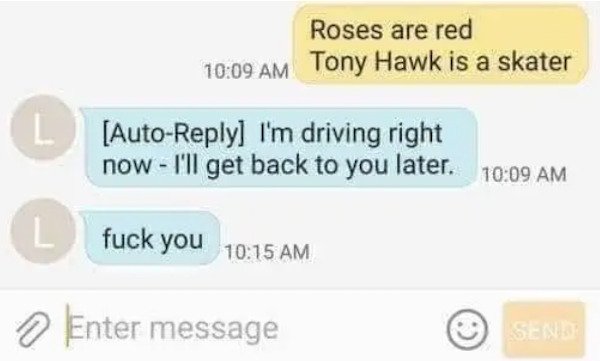 dumb text messages - Roses are red Tony Hawk is a skater I'm driving right now I'll get back to you later. fuck you