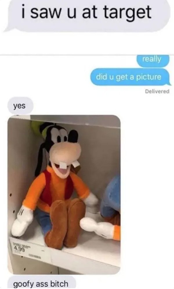 dumb text messages - i saw u at target really did u get a picture yes goofy ass bitch