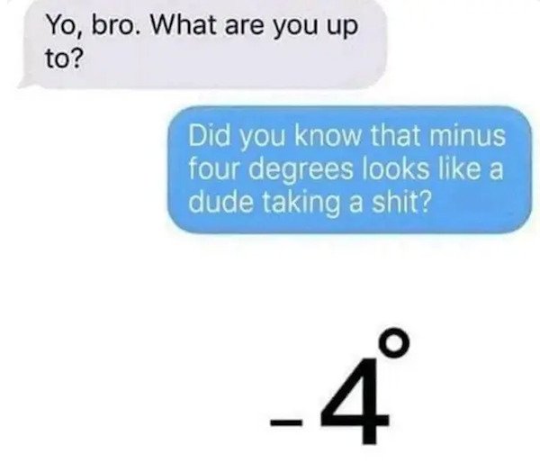 dumb text messages - Yo, bro. What are you up to? Did you know that minus four degrees looks a dude taking a shit?