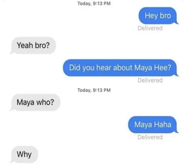 dumb text messages - Hey bro Yeah bro? Did you hear about Maya Hee? Maya who? Maya Haha Why