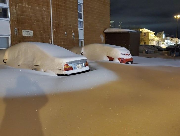“My boss told me to at least try shoveling out and come in today. My car is the red one.”
