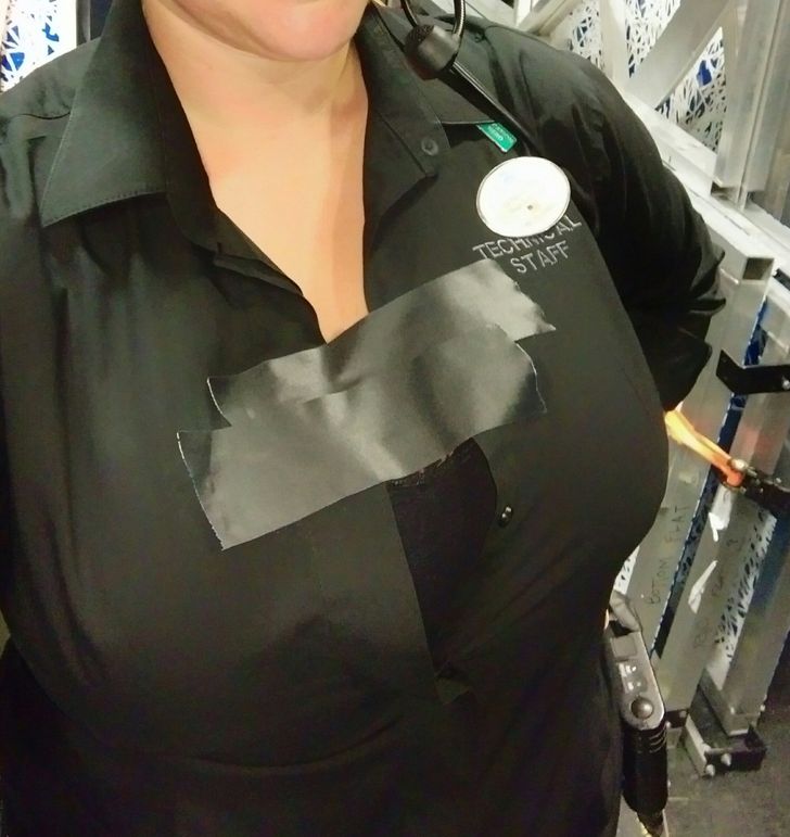 “My boss censored my cleavage at work yesterday...I should add that before this, my boss was making tape barricades on the stairs for people to get caught in.”