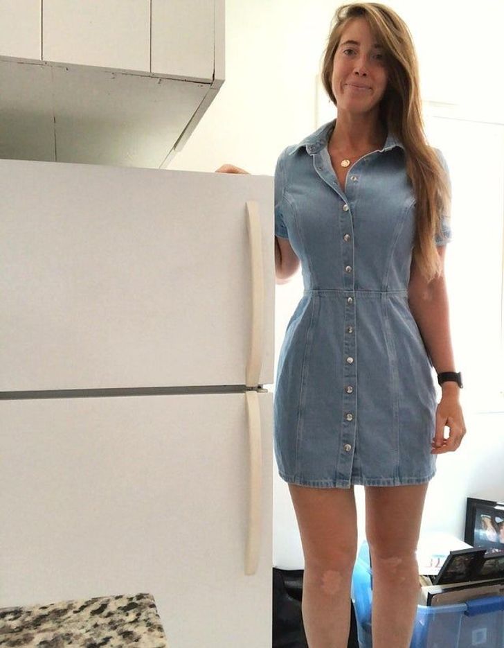 tall woman by fridge