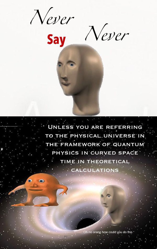 dank surreal memes - Never Say Never Unless You Are Referring To The Physical Universe In The Framework Of Quantum Physics In Curved Space Time In Theoretical Calculations Oh no orang how could you do this