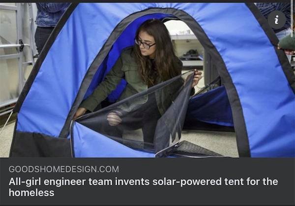 i Goodshomedesign.Com Allgirl engineer team invents solarpowered tent for the homeless