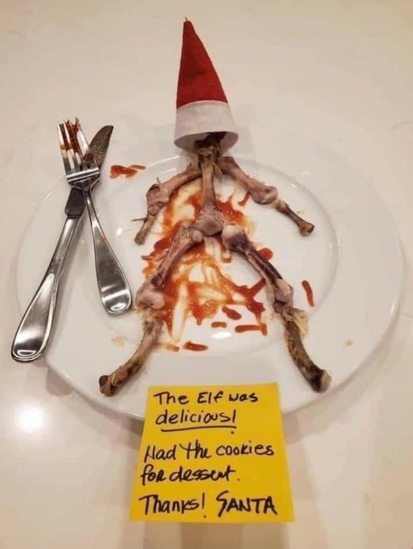 elf on the shelf meme - The Elf was delicious! Had the cookies foR dessert Thanks! Santa