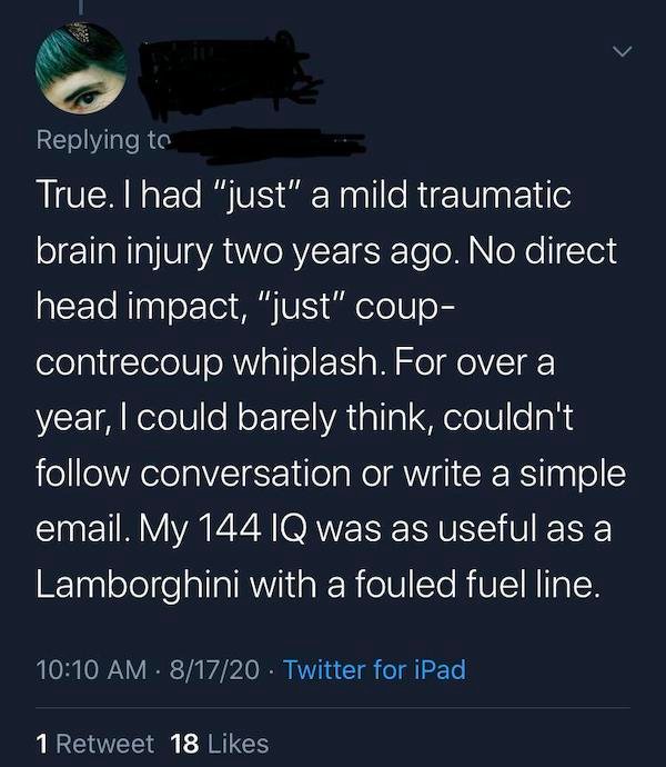atmosphere - > True. I had "just" a mild traumatic brain injury two years ago. No direct head impact, "just" coup contrecoup whiplash. For over a year, I could barely think, couldn't conversation or write a simple email. My 144 Iq was as useful as a Lambo