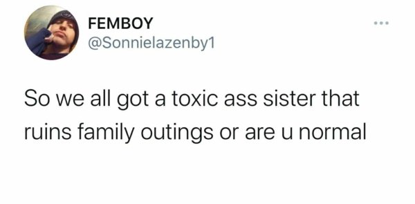 quotes - Femboy So we all got a toxic ass sister that ruins family outings or are u normal