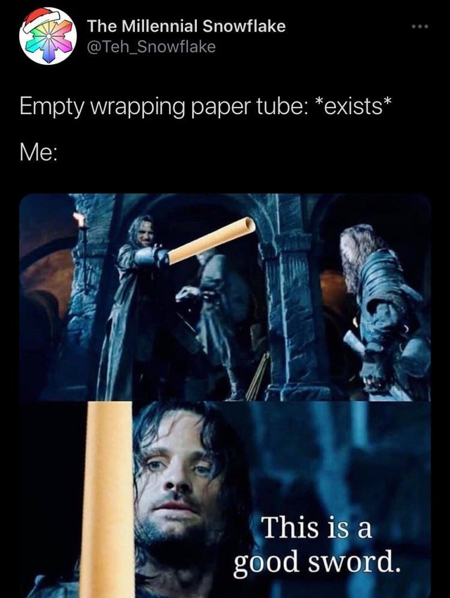film - The Millennial Snowflake Empty wrapping paper tube exists Me This is a good sword.