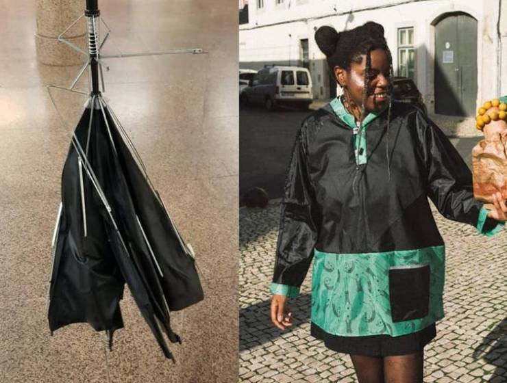 inspiring photos - woman wearing jacket she made from broken umbrellas