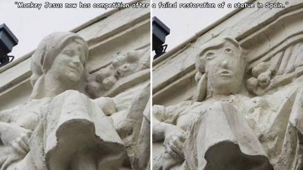 spain botched restoration - "Monkey Jesus now has competition after a failed restoration of a statue in Spain.