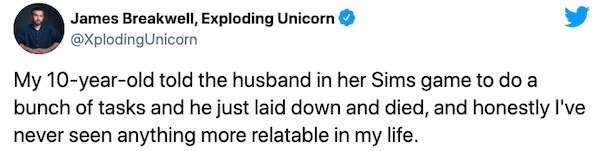 paper - James Breakwell, Exploding Unicorn My 10yearold told the husband in her Sims game to do a bunch of tasks and he just laid down and died, and honestly I've never seen anything more relatable in my life.